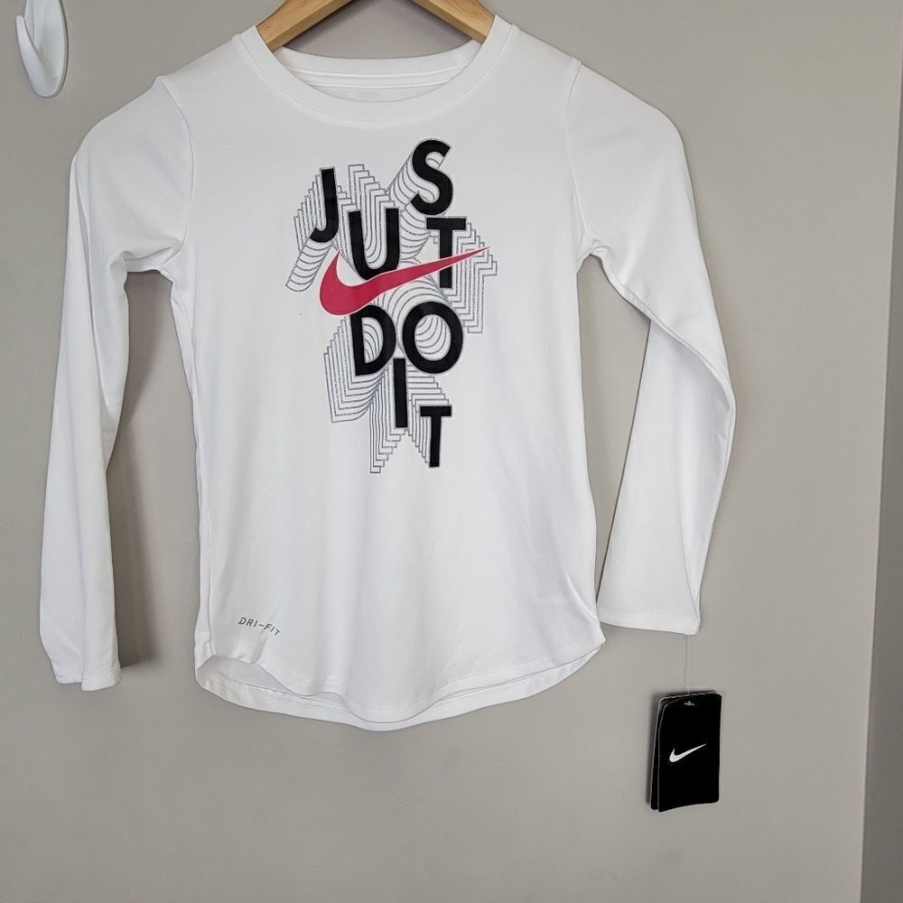 Nike Girls Breathable Dri-FIT Running Long Sleeve JUST DO IT White Shirt 6X